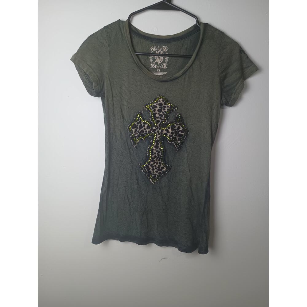 Y2K Velvet Stone Fitted Women's Tshirt‎ XS Green Cross Rhinestone Cheetah Punk